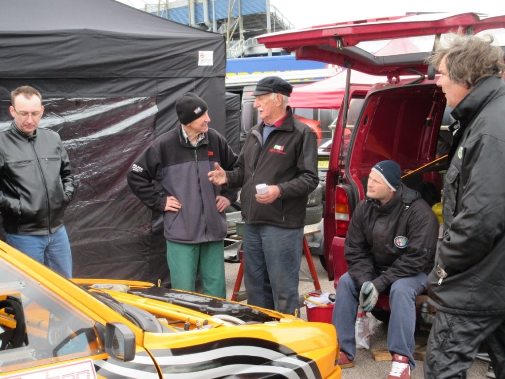 Tom Shrubb and John Sismey chatting in the paddock with Chris Snowdon on the right and also David Cannard who raced a Sud with in 1992/93 and is always there as part of the BLS team.