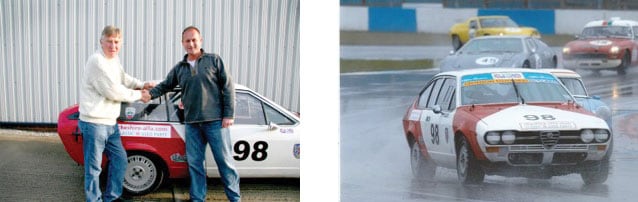 Bob and I agreeing on sponsorship & his Alfetta in the wet